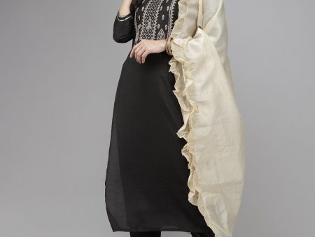 Women Black Embroidered Kurta Trouser With Dupatta Set - Taantav Fashion