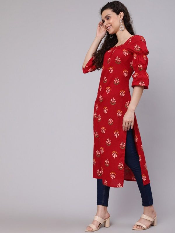 Aks Ethnic Motifs Printed Square Neck Puff Sleeves Cotton Kurta Online Hot Sale