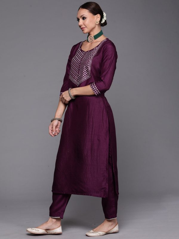 Women Purple Solid Straight Kurta Trouser With Dupatta Set - Taantav Online Sale