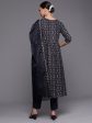 Women Navy Blue Foil Printed A-Line Kurta Trouser With Dupatta Set - Taantav Sale