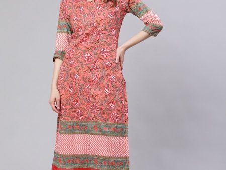 Aks Pink Floral Printed Mandarin Collar Regular Pure Cotton Kurta With Trousers For Sale