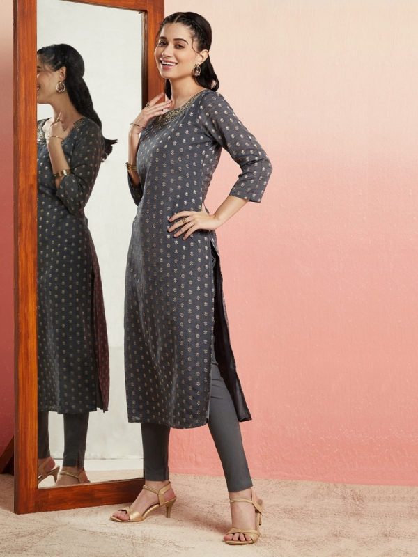 Aks Ethnic Motifs Woven Design Mirror Work Chanderi Silk Kurta Online