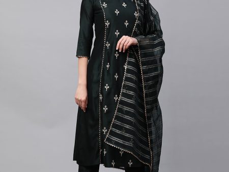 Women Green Embroidered A - Line Kurta Trouser With Dupatta Set - Taantav Hot on Sale