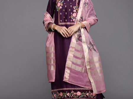 Women Purple Embroidered Straight Kurta Trouser With Dupatta Set - Taantav Fashion