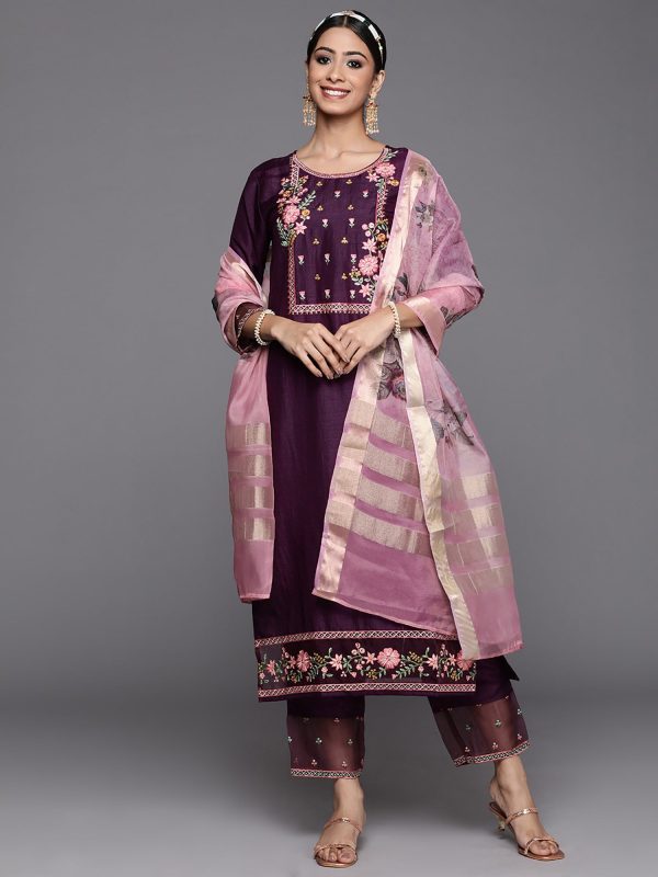 Women Purple Embroidered Straight Kurta Trouser With Dupatta Set - Taantav Fashion