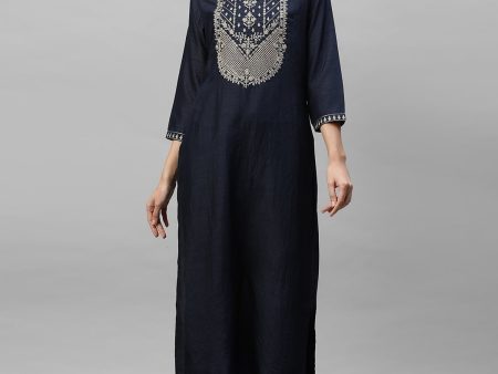 Women Navy Blue Embroidered Straight Kurta With Palazzo Sets - Taantav Online Sale