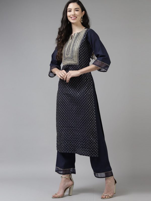 Women Navy Blue Embroidered Straight Kurta Trouser With Dupatta Set - Taantav Sale