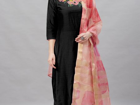 Women Black Embroidered Straight Kurta Palazzo With Dupatta Set - Taantav Supply