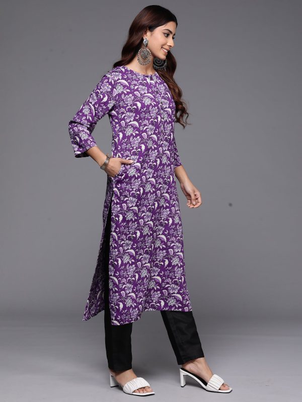 Women Purple Printed Straight Kurtas - Taantav For Sale