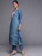 Women Blue Embroidered Straight Kurta Trousers With Dupatta Set - Taantav Online now