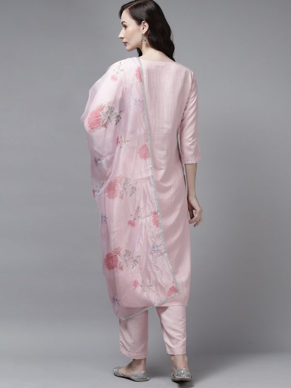 Women Embroidered Pink Straight Kurta Trouser With Dupatta Set - Taantav Supply