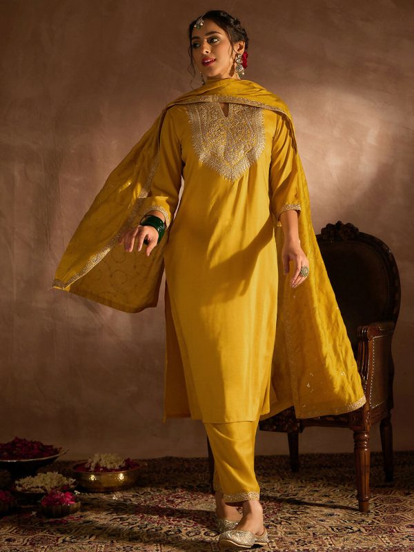 Indo Era Yellow Embroidered Straight Kurta Trousers With Dupatta set Fashion