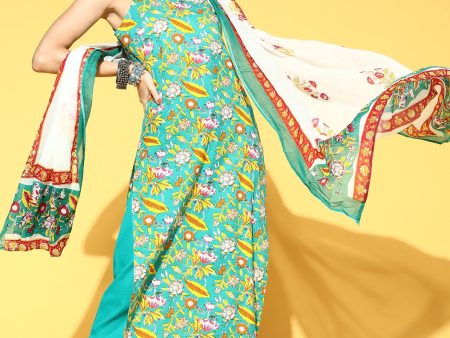 Women Green Printed Straight Kurta Palazzo With Dupatta Set - Taantav Sale