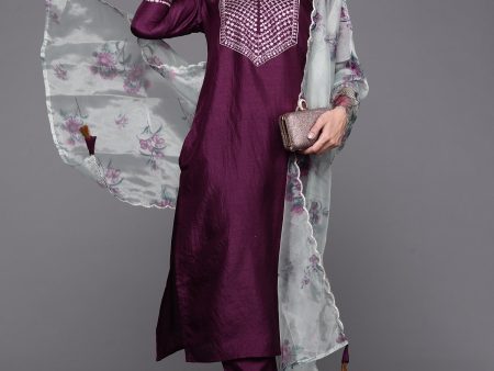 Women Purple Solid Straight Kurta Trouser With Dupatta Set - Taantav Online Sale