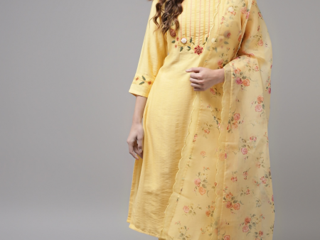 Indo Era Women Yellow Floral Yoke Design Regular Kurta with Trousers & With Dupatta For Discount