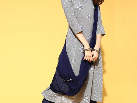 Women Grey Printed A-Line Kurta Trouser With Dupatta Set - Taantav Sale