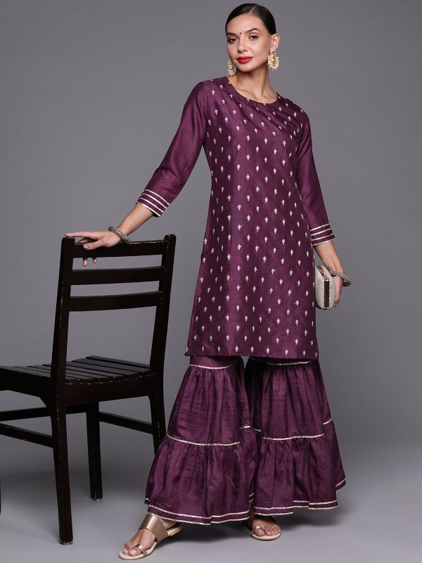 Women Wine Embroidered Straight Kurta With Sharara Set - Taantav Discount