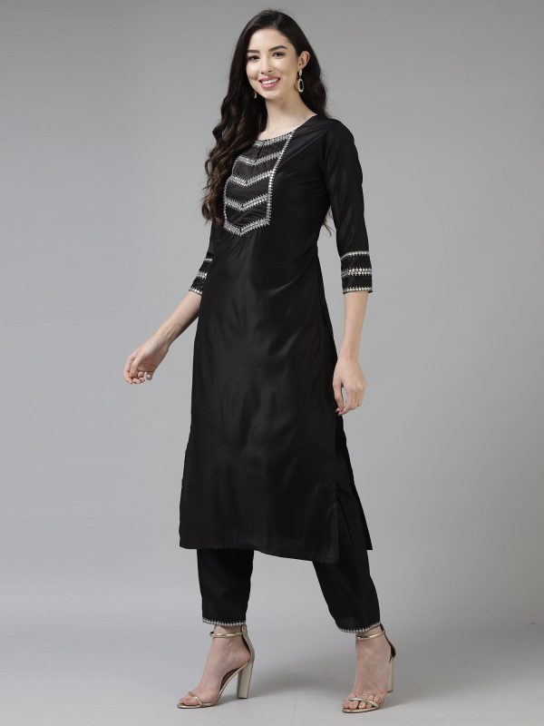 Women Black Solid Straight Kurta Trouser With Dupatta Set - Taantav For Cheap