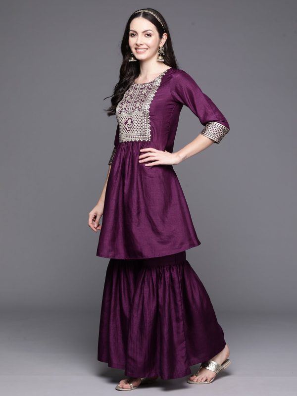 Women Purple Yoke Design A-Line Kurta Sharara With Dupatta Set - Taantav Discount