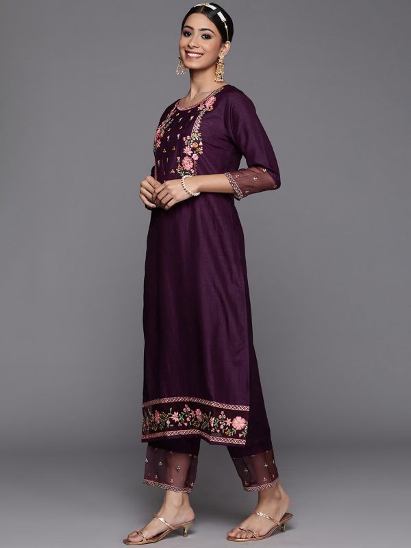 Women Purple Embroidered Straight Kurta Trouser With Dupatta Set - Taantav Fashion