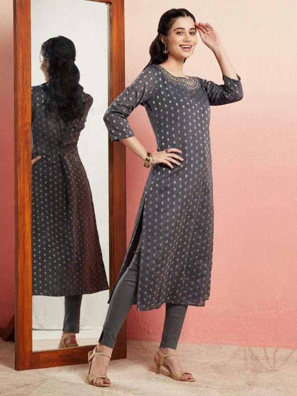 Aks Ethnic Motifs Woven Design Mirror Work Chanderi Silk Kurta Online