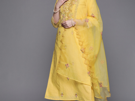 Indo Era Women Yellow Ethnic Motifs Embroidered Kurta with Trousers & Dupatta on Sale