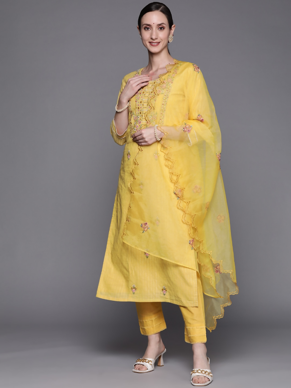 Indo Era Women Yellow Ethnic Motifs Embroidered Kurta with Trousers & Dupatta on Sale