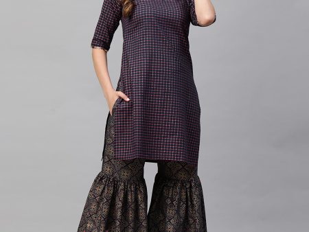 Women Navy Blue Printed Straight Kurta With Sharara Set - Taantav Supply