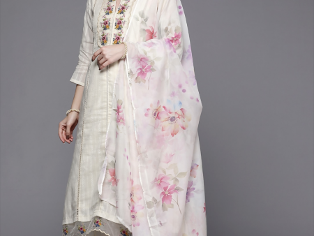 Indo Era Women White Floral Embroidered Panelled Kurta with Trousers & Dupatta Fashion