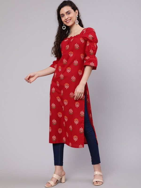 Aks Ethnic Motifs Printed Square Neck Puff Sleeves Cotton Kurta Online Hot Sale