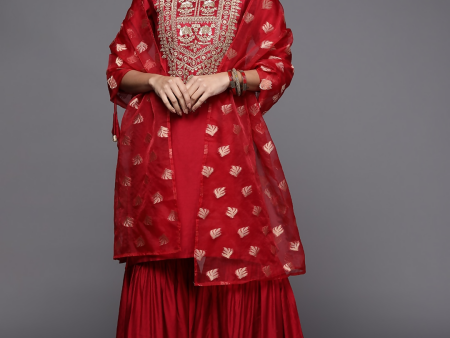 Indo Era Women Red Ethnic Motifs Embroidered Zardozi Liva Kurta with Sharara & With Dupatta For Discount