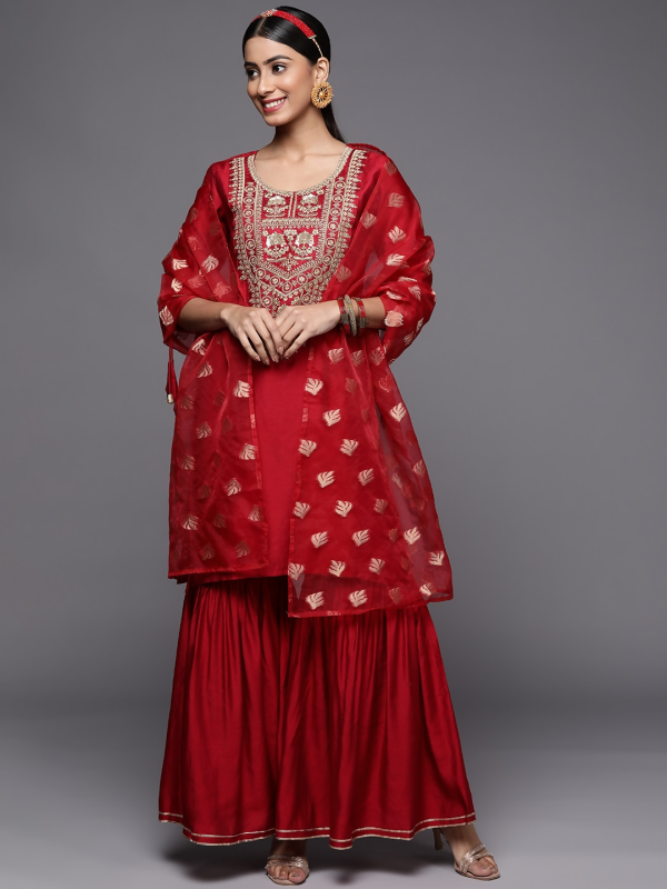 Indo Era Women Red Ethnic Motifs Embroidered Zardozi Liva Kurta with Sharara & With Dupatta For Discount