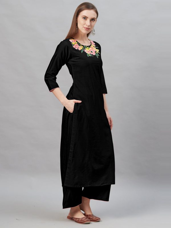 Women Black Embroidered Straight Kurta Palazzo With Dupatta Set - Taantav Supply