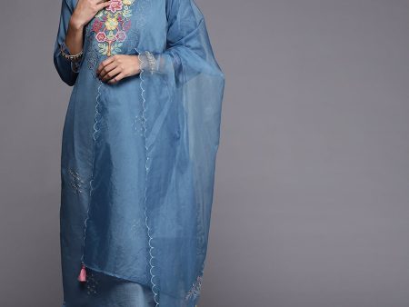 Women Blue Embroidered Straight Kurta Trousers With Dupatta Set - Taantav Online now