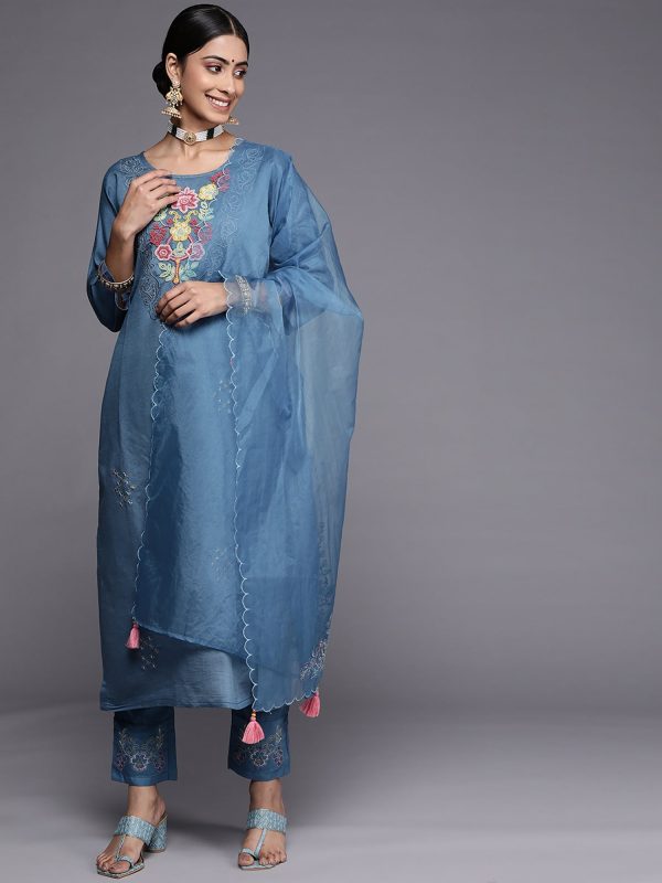 Women Blue Embroidered Straight Kurta Trousers With Dupatta Set - Taantav Online now