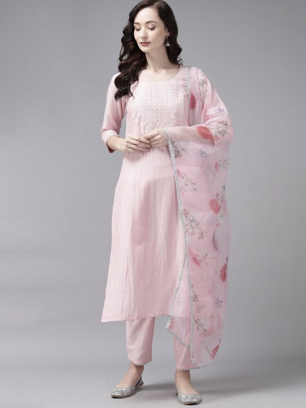 Women Embroidered Pink Straight Kurta Trouser With Dupatta Set - Taantav Supply