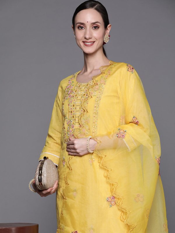 Indo Era Women Yellow Ethnic Motifs Embroidered Kurta with Trousers & Dupatta on Sale