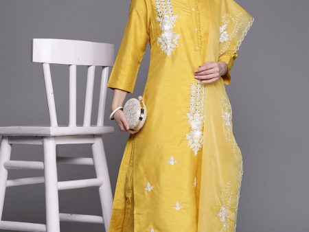 Indo Era Women Yellow Floral Embroidered Mirror Work Kurta with Trousers & With Dupatta For Cheap