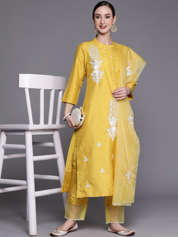 Indo Era Women Yellow Floral Embroidered Mirror Work Kurta with Trousers & With Dupatta For Cheap