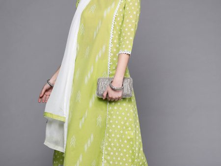 Women Sea Green Printed A-Line Kurta Trouser With Dupatta Set - Taantav on Sale