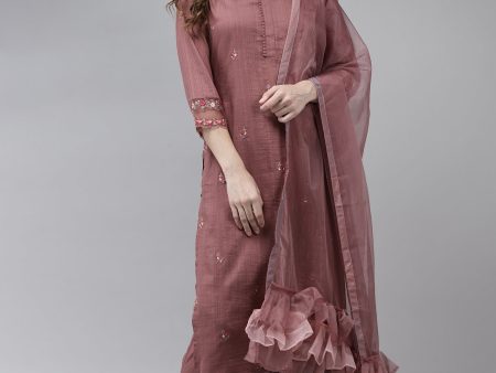 Women Mauve Embroidered Straight Kurta Trouser With Dupatta Set - Taantav Sale