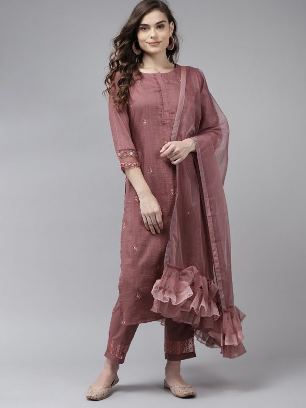 Women Mauve Embroidered Straight Kurta Trouser With Dupatta Set - Taantav Sale