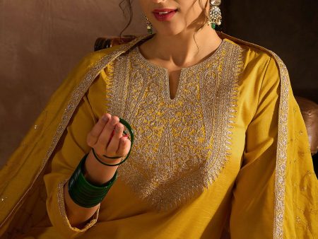 Indo Era Yellow Embroidered Straight Kurta Trousers With Dupatta set Fashion