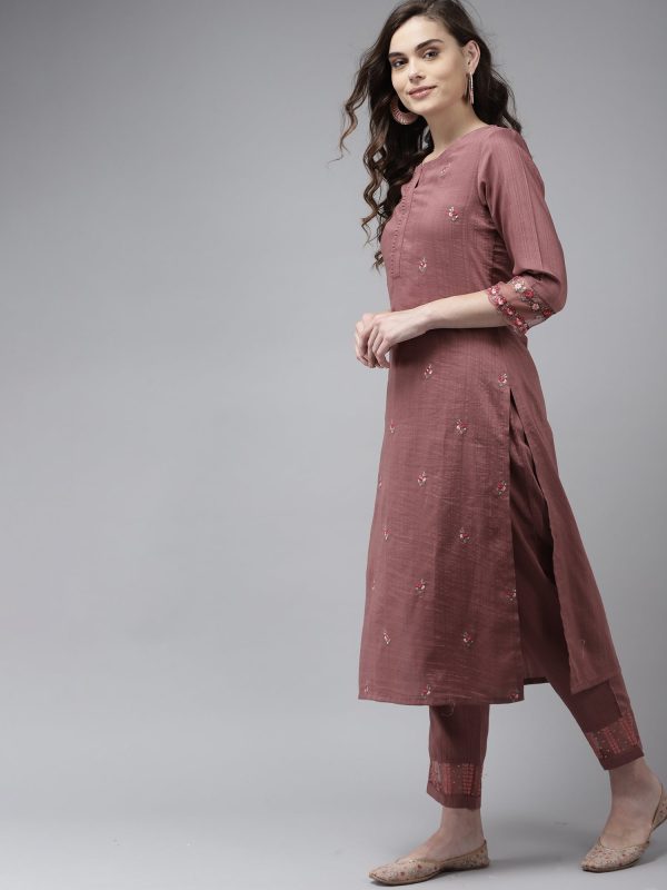 Women Mauve Embroidered Straight Kurta Trouser With Dupatta Set - Taantav Sale