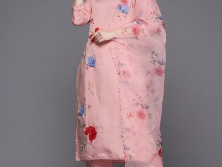 Women Pink Embroidered Straight Kurta Trousers With Dupatta Set - Taantav Discount