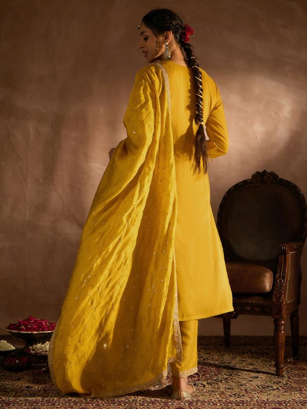 Indo Era Yellow Embroidered Straight Kurta Trousers With Dupatta set Fashion