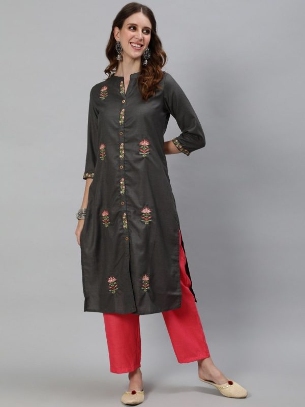 Aks Floral Embroidered Mandarin Collar Thread Work Detailed Straight Kurta with Trousers Hot on Sale