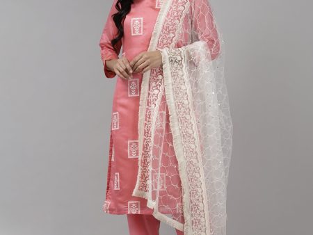 Women Pink Embroidered Straight Kurta Trouser With Dupatta Set - Taantav Online Hot Sale