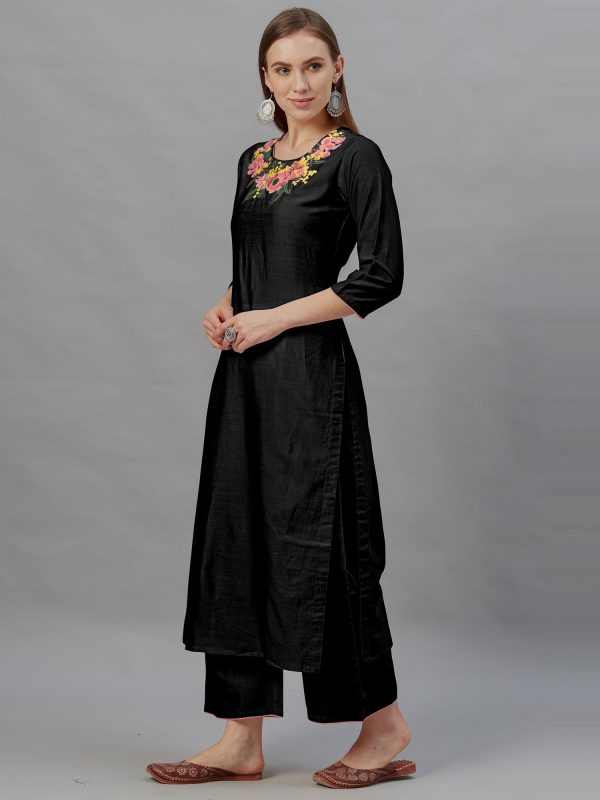 Women Black Embroidered Straight Kurta Palazzo With Dupatta Set - Taantav Supply