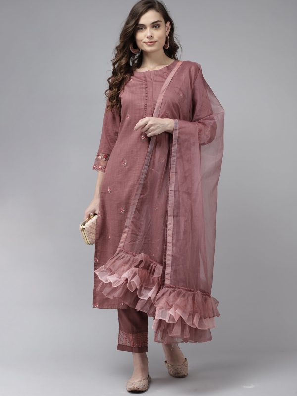 Women Mauve Embroidered Straight Kurta Trouser With Dupatta Set - Taantav Sale